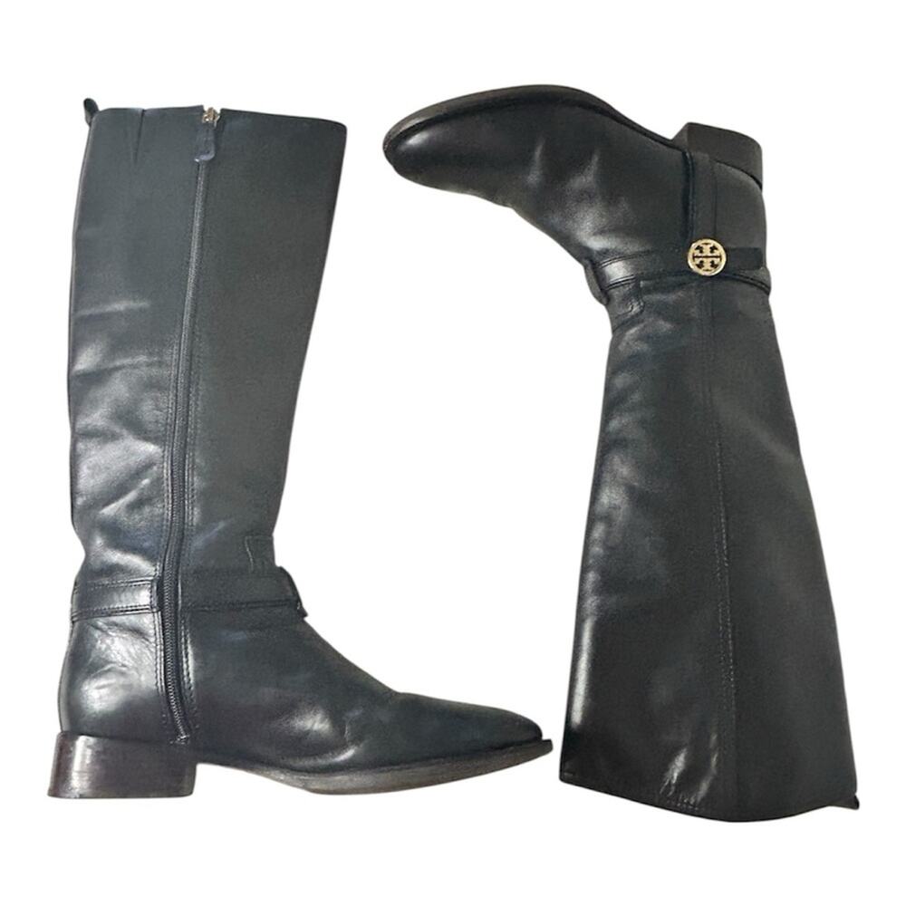 Tory Burch Black Leather Knee-High Riding Boots Brazil Gold toneLogo Accent 9.5